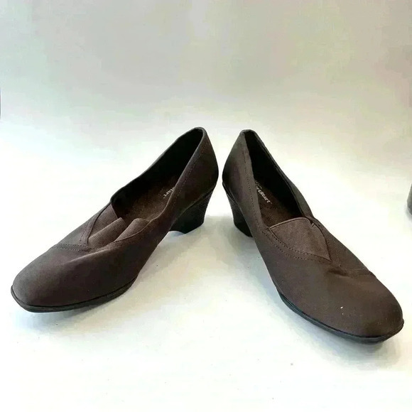 George Heels Womens 6 Comfort Start Loafers Pumps Wedge Black Fabric Slip On - Picture 8 of 9